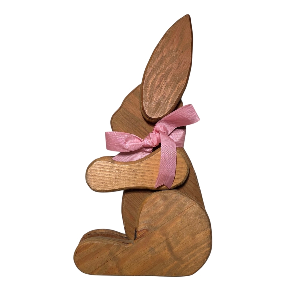 Vintage Wooden Folk Art Bunny Rabbit solid wood brown 14" standing Pink ribbon